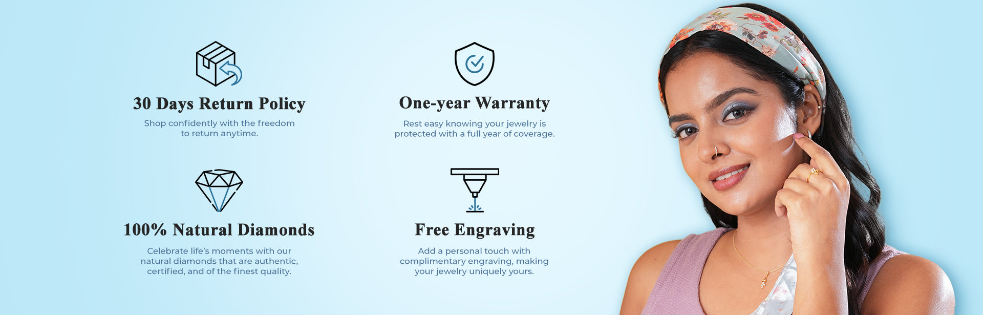 Vairam jewellery assurance: 100% natural certified diamonds, free engraving, one-year warranty, and 30-day returns.